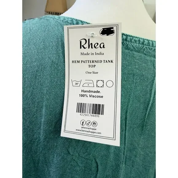 Rhea Boho Embroidered Tank Top Teal Tie Back One Size - Picture 5 of 8